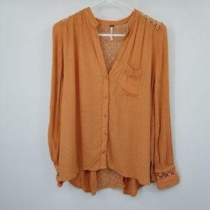 Free People Long Sleeved Orange Button Up Open Back Blouse Shirt Size XS